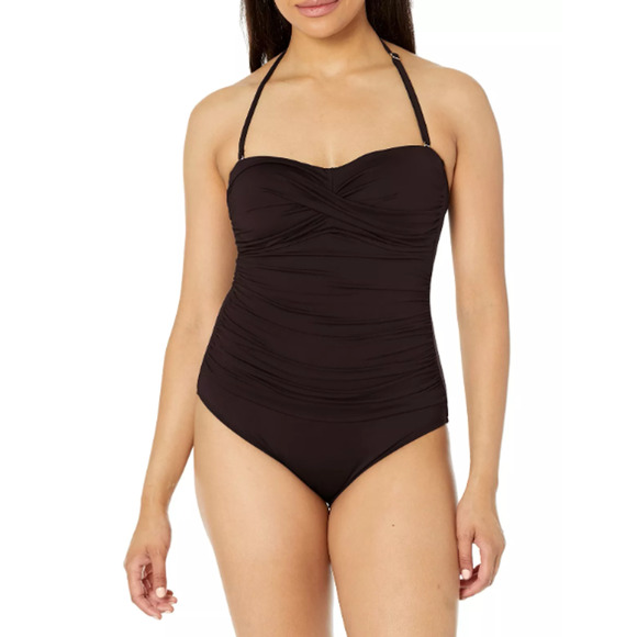 Anne Cole Black Shirred Twist Front One Piece Swimsuit Size 8 Halter Bandeau - Picture 1 of 9